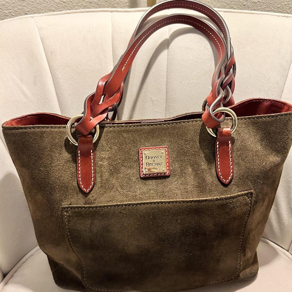 Dooney & Bourke Olive Green Suede Purse With Leather Handles.
